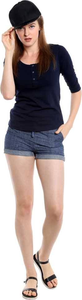 Women Navy Blue 3/4 Sleeves Henley T-Shirt